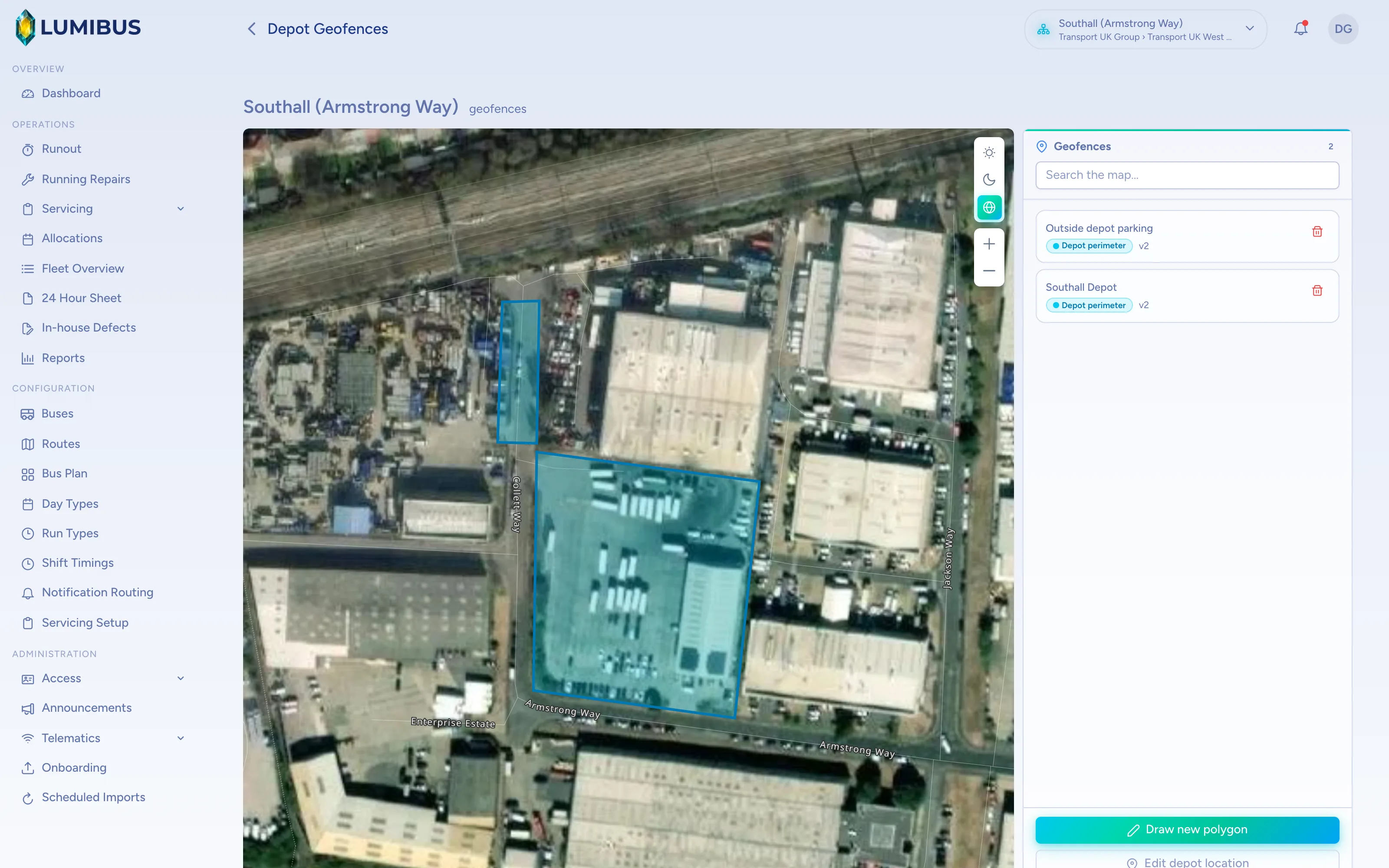 LumiBus depot geofences drawn over satellite imagery of the depot yard