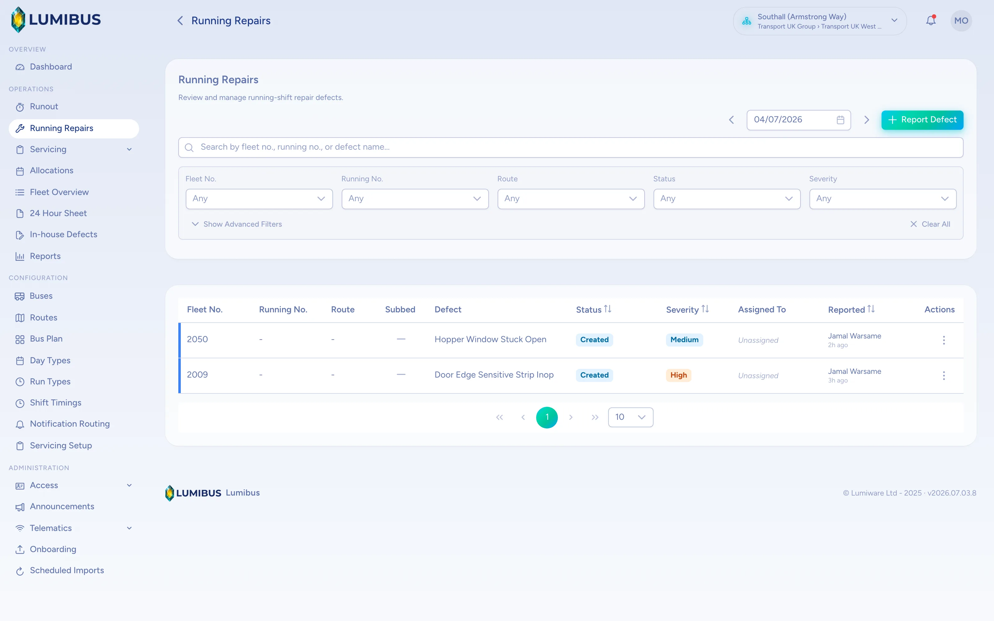 LumiBus running repairs queue: reported defects with severity, status and assignment