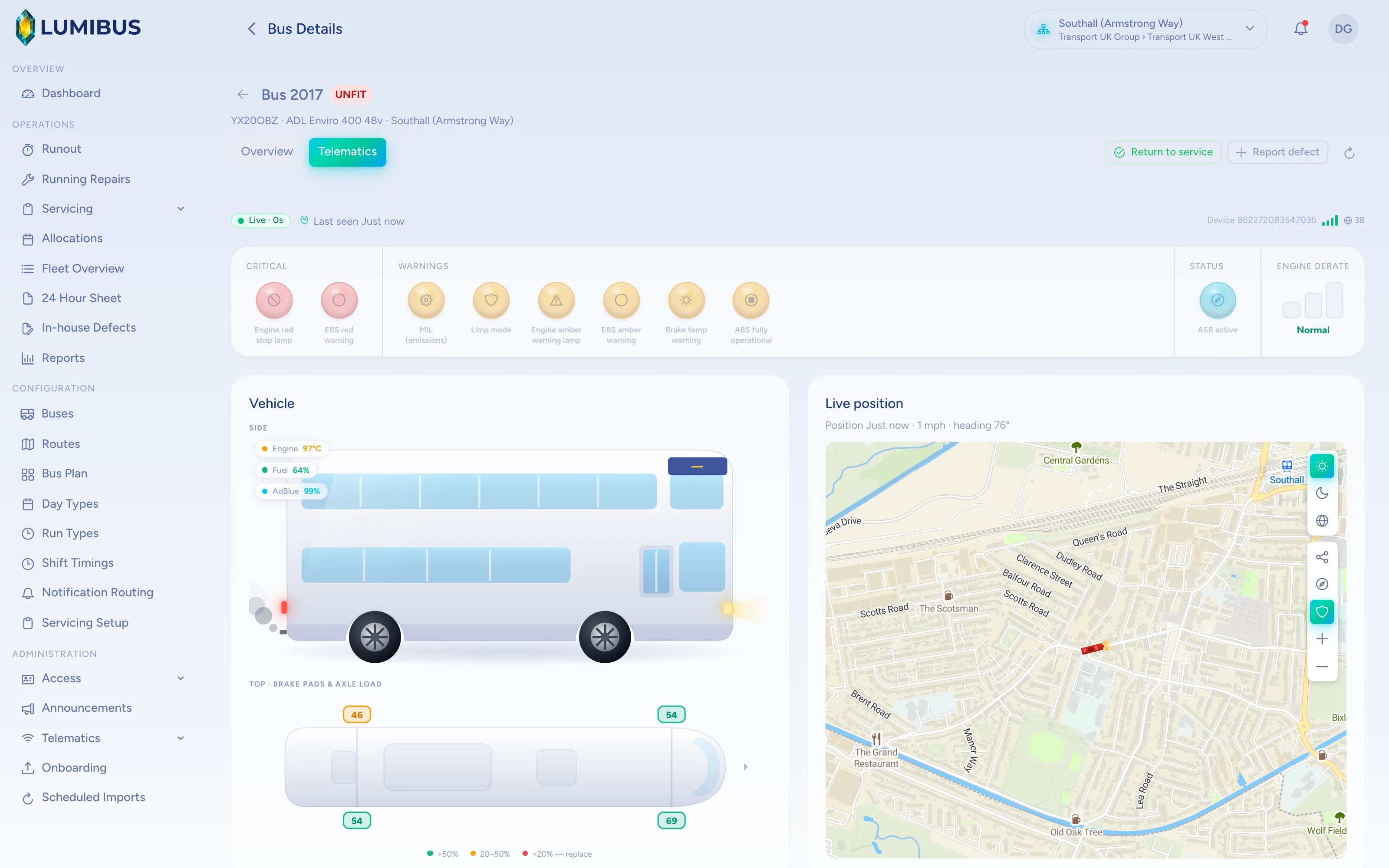 LumiBus live telematics cockpit for a bus in service